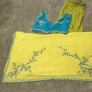 Excellent Indian Sari Green Blue Beaded 3 piece
